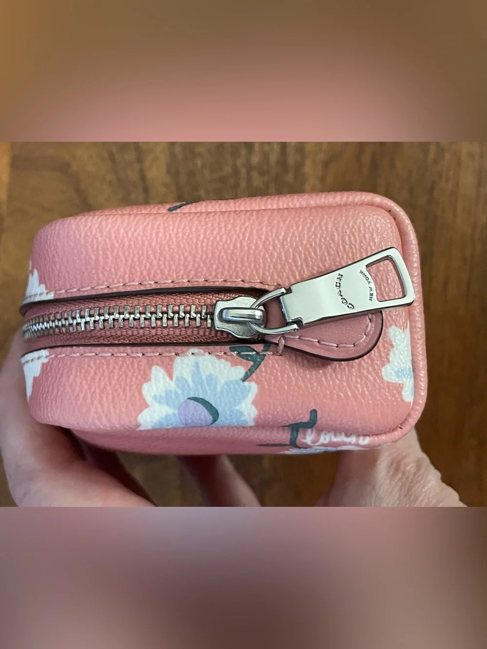 COACH Pink Leather Daisy Print Boxy Small Cosmetic Case C3062